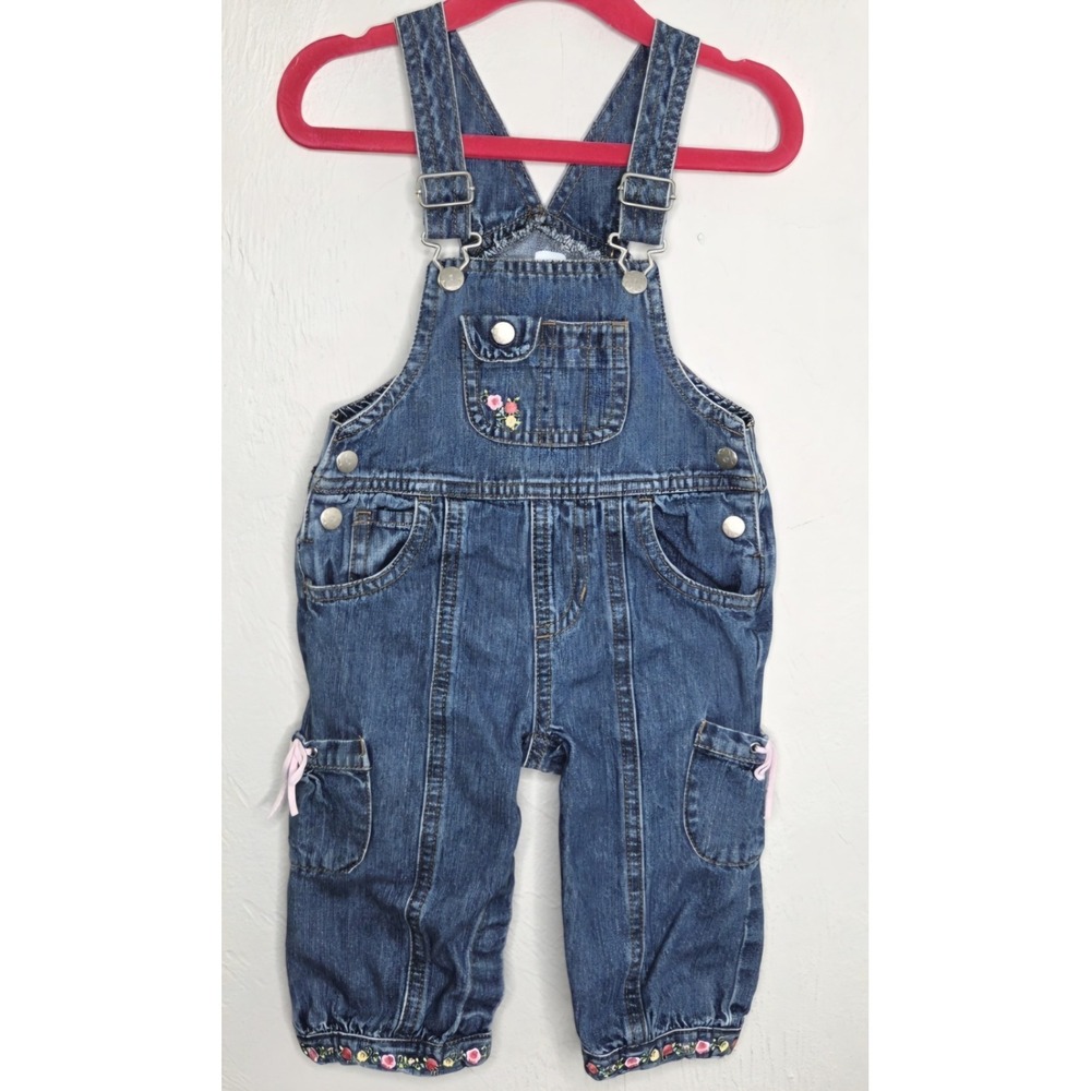 Retro Carter's Baby Girl 12 Months Denim Overalls‎ Embroidered Flowers Pink